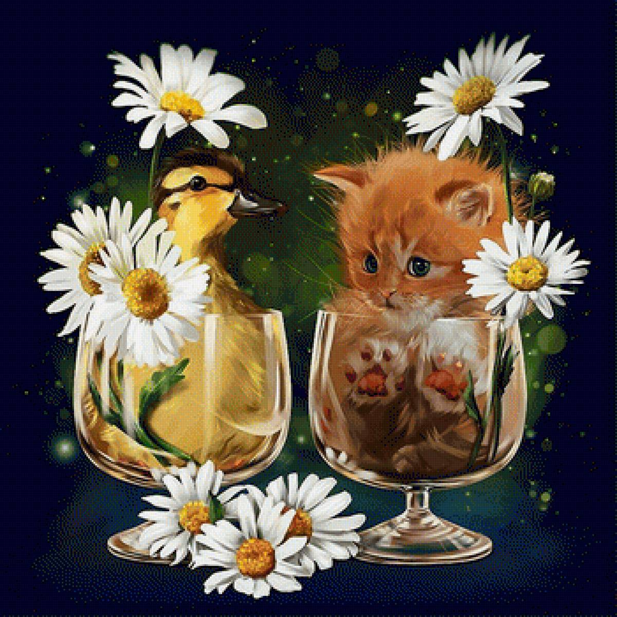 Котёнок и утёнок - кот, рисунок, утенок, ромашки, животные, котик, котенок - предпросмотр