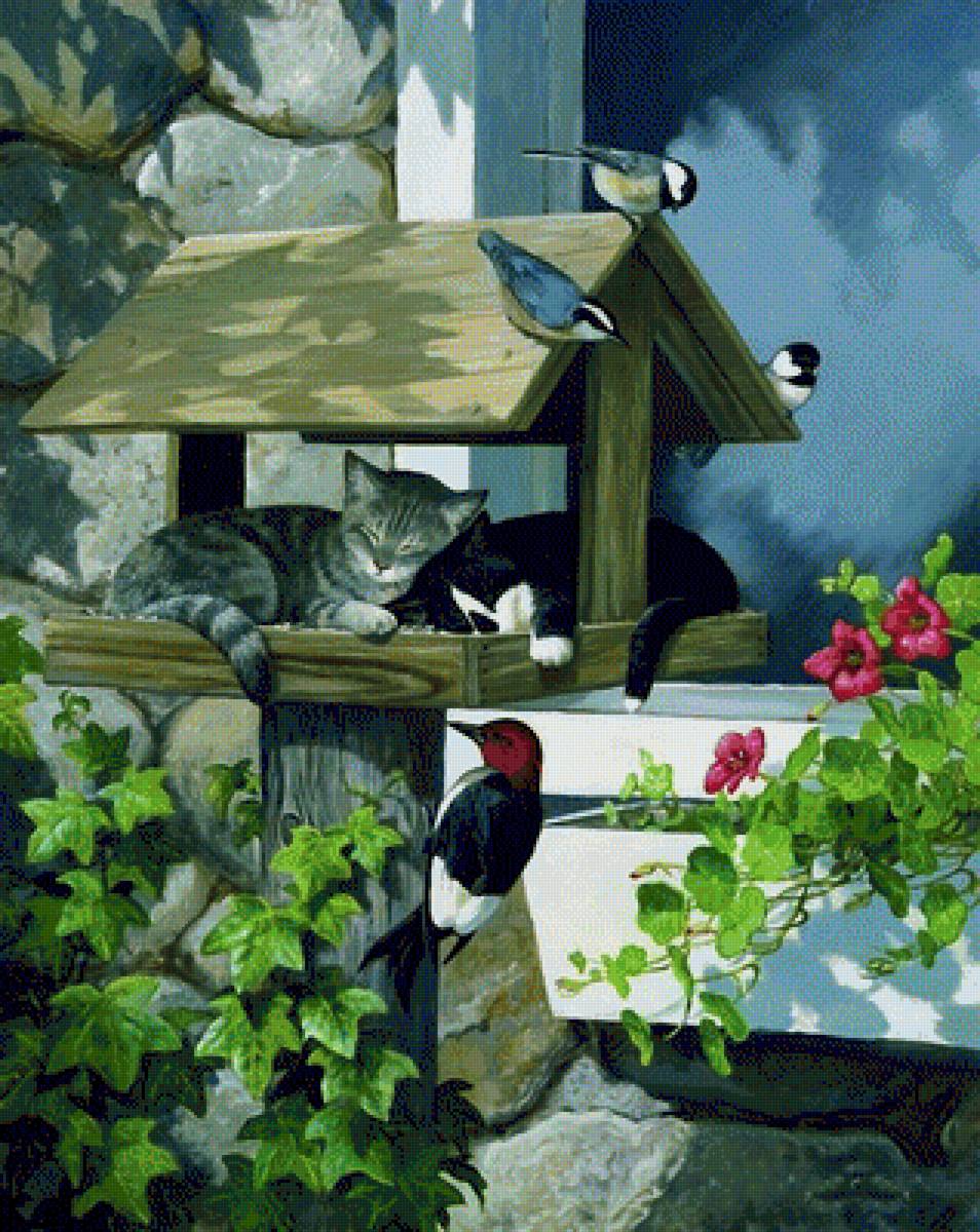 Котята - котята, животные, природа, цветы, кот, птички, рисунок - предпросмотр