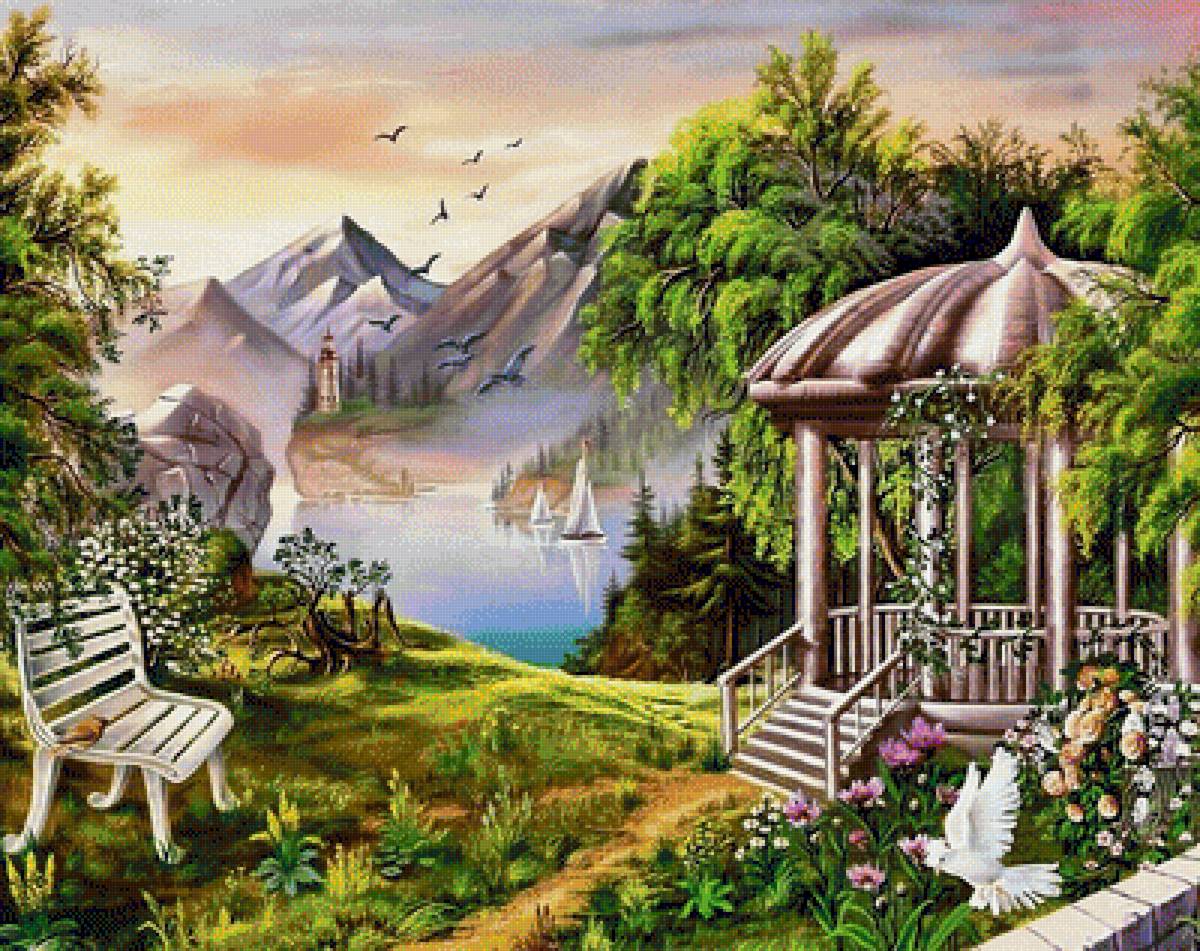 Летний пейзаж - горы, лето, беседка, скамейка, природа, река, пейзаж - предпросмотр