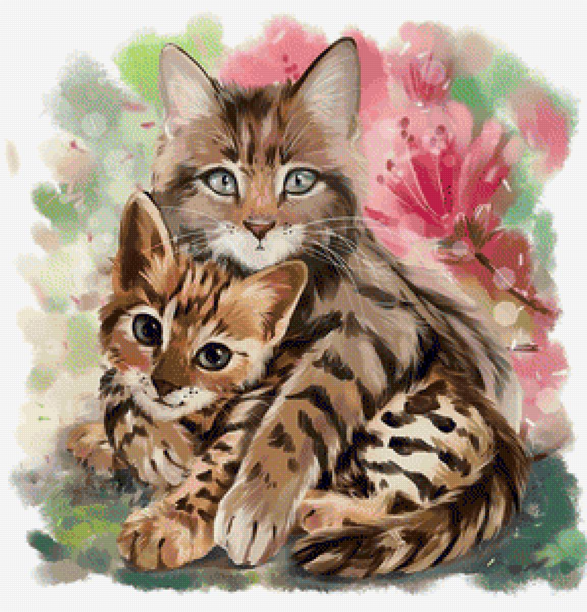 Котята - цветы, котята, котик, кот, животные, рисунок - предпросмотр