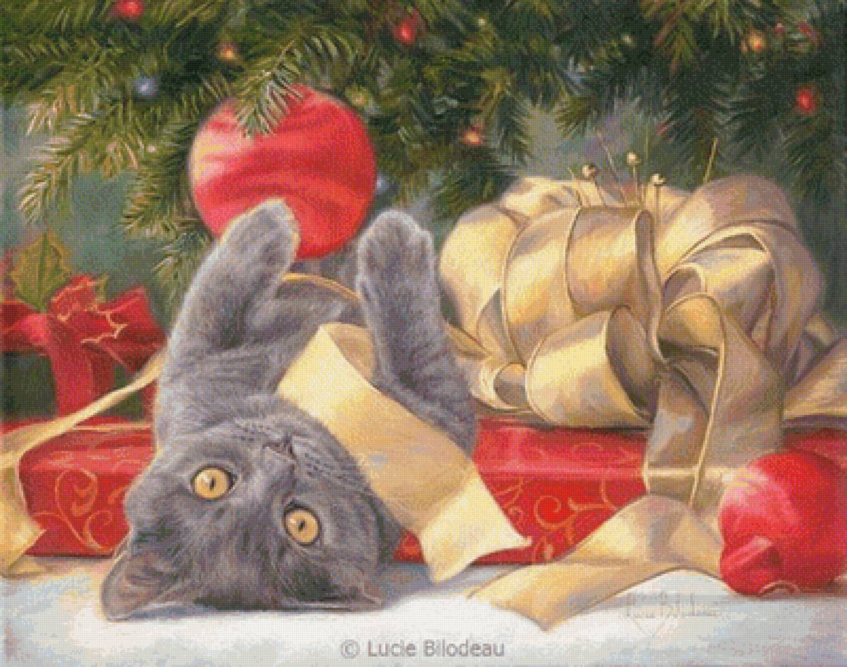 новогодний котик - картина, новый год, кошки - предпросмотр