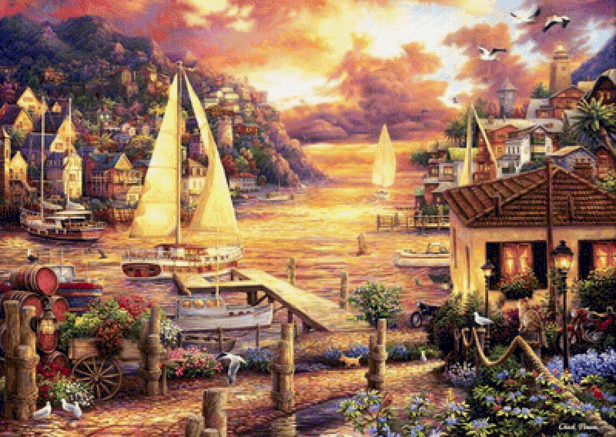 Город у побережья - картина, дома, чайки, город, яхта, пейзаж, побережье, море - предпросмотр