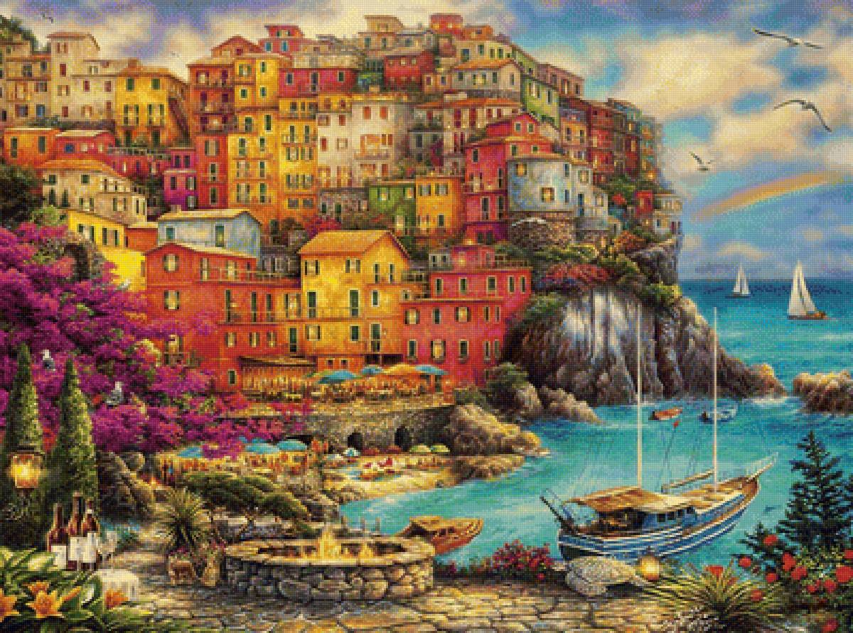 Город у побережья - море, побережье, цветы, радуга, домики, яхты, природа - предпросмотр