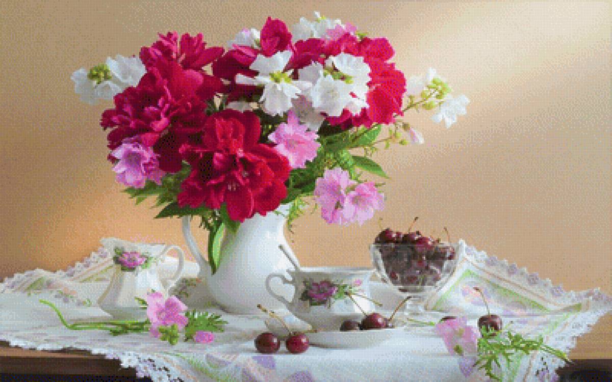Цветы и вишни - картина, фрукты, натюрморт, цветы, вишни, букет - предпросмотр