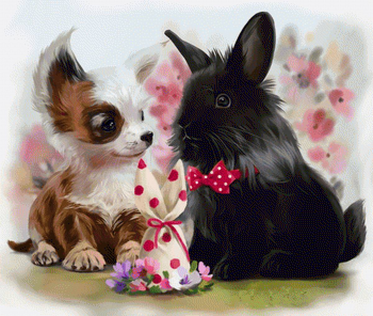 Друзья - питомец, собачка, кролик, животные, щенок, рисунок - предпросмотр