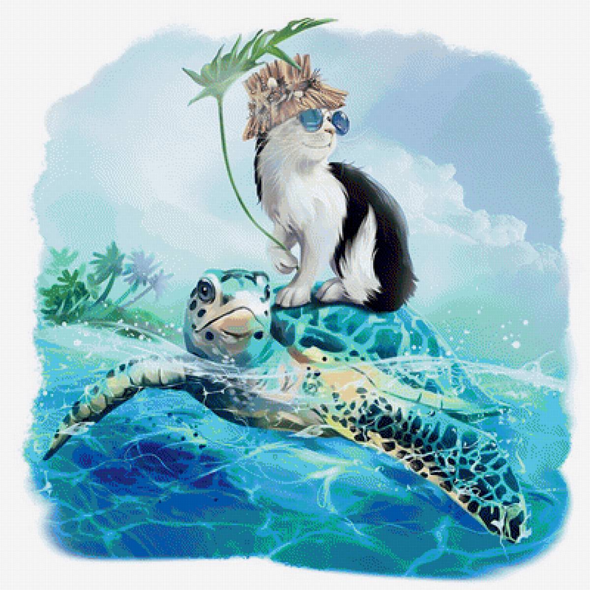 Кот и черепаха - котик, рисунок, лето, кот, животные, черепаха, море - предпросмотр