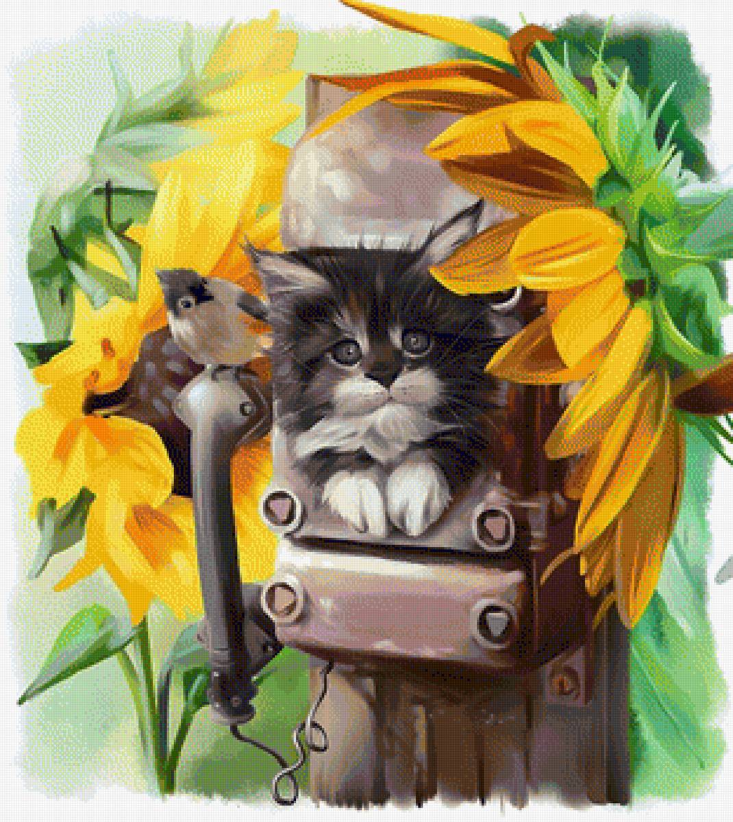 Котёнок - рисунок, птичка, котенок, подсолнухи, котик, кот, животные - предпросмотр