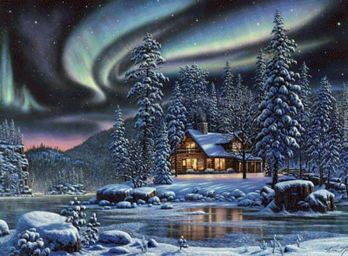 Северное сияние - снег, северное сияние, пейзаж, ночь, зима, живопись, река, лес - предпросмотр