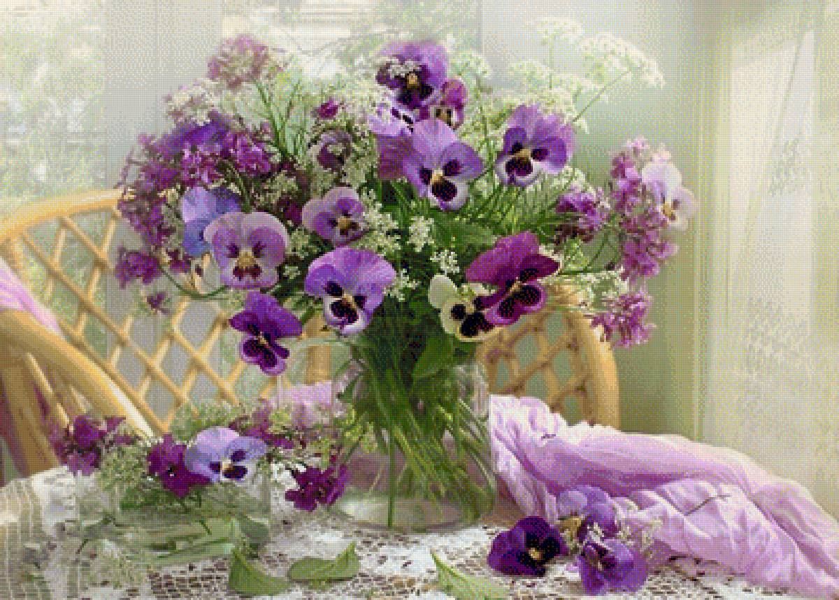 Цветы - живопись, окно, картина, букет, цветы, натюрморт - предпросмотр