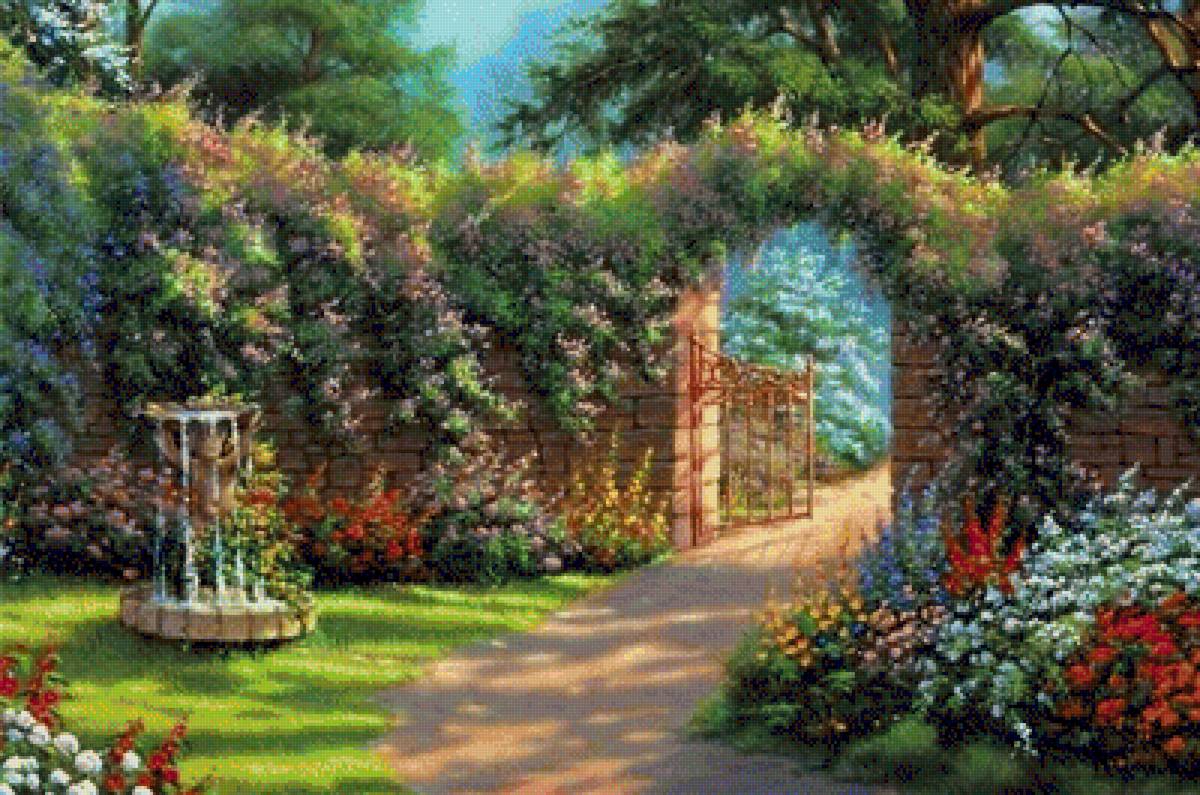 Цветущий сад - цветы, лето, калитка, природа, сад, пейзаж, живопись - предпросмотр