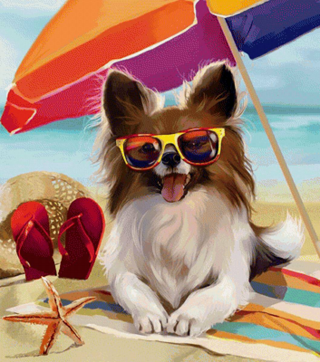 На пляже - рисунок, собака, пляж, животные, лето - предпросмотр
