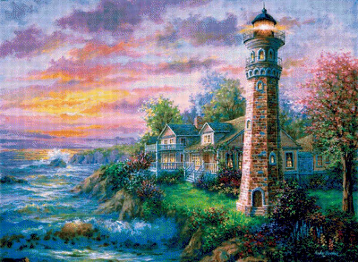 Маяк - живопись, море, природа, домик, маяк, пейзаж - предпросмотр