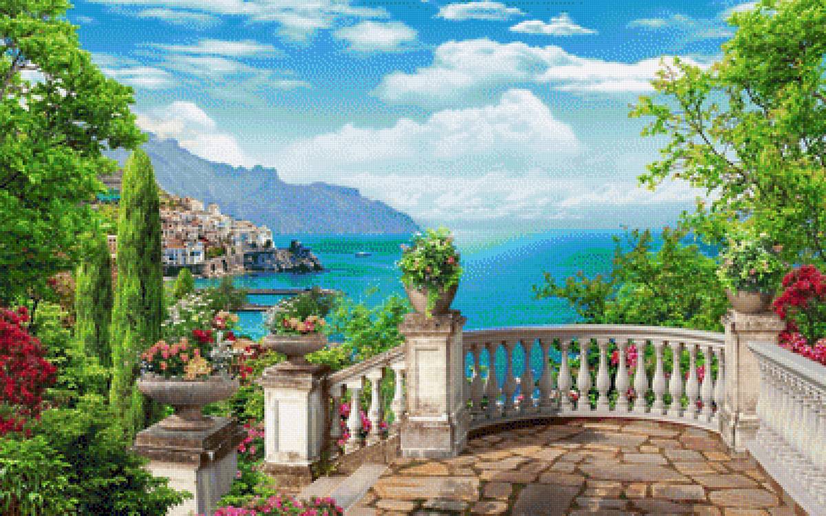 Город у моря - пейзаж, лето, цветы, город, природа, море - предпросмотр