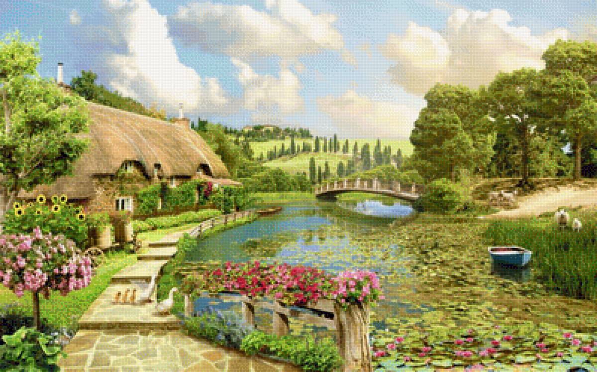 Летний пейзаж - лето, дом, природа, животные, лодка, домик, пруд, пейзаж - предпросмотр