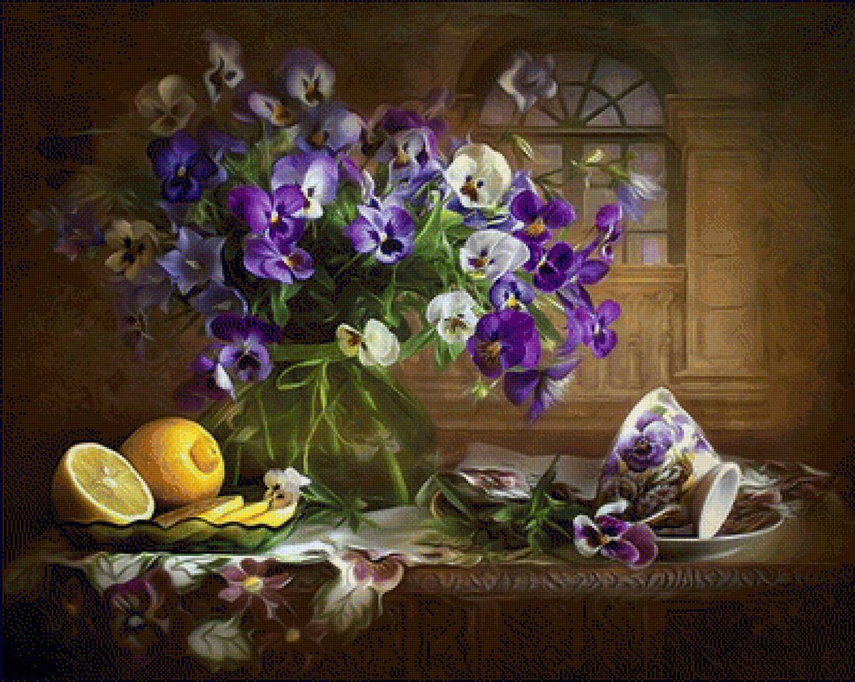 Натюрморт - цветы, натюрморт, лимон, букет - предпросмотр