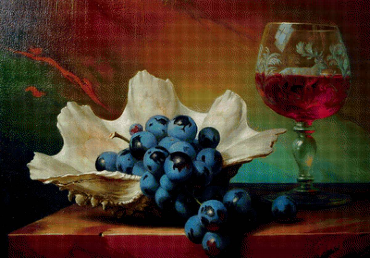 натюрморт с бокалом - бокал, для кухни, фрукты, виноград, картина - предпросмотр