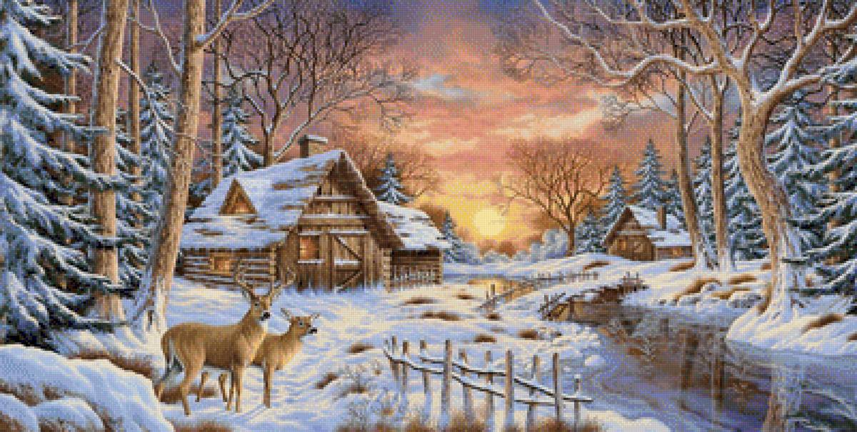 Зимний пейзаж - живопись, снег, лес, зима, животные, пейзаж, река, олени - предпросмотр