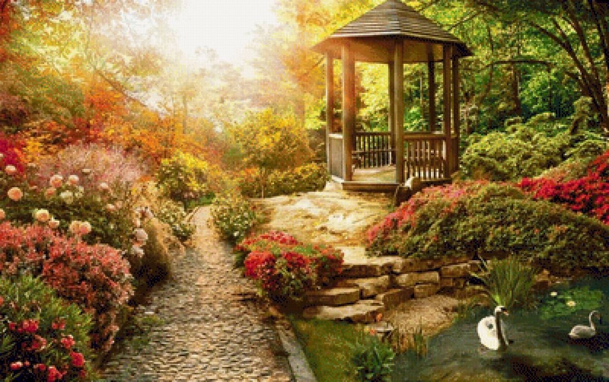 Беседка в саду - лебеди, сад, птицы, беседка, пейзаж, природа, цветы - предпросмотр