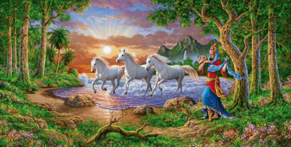 Лошади - девушка, лошади, лес, горы, озеро, пейзаж, природа - предпросмотр