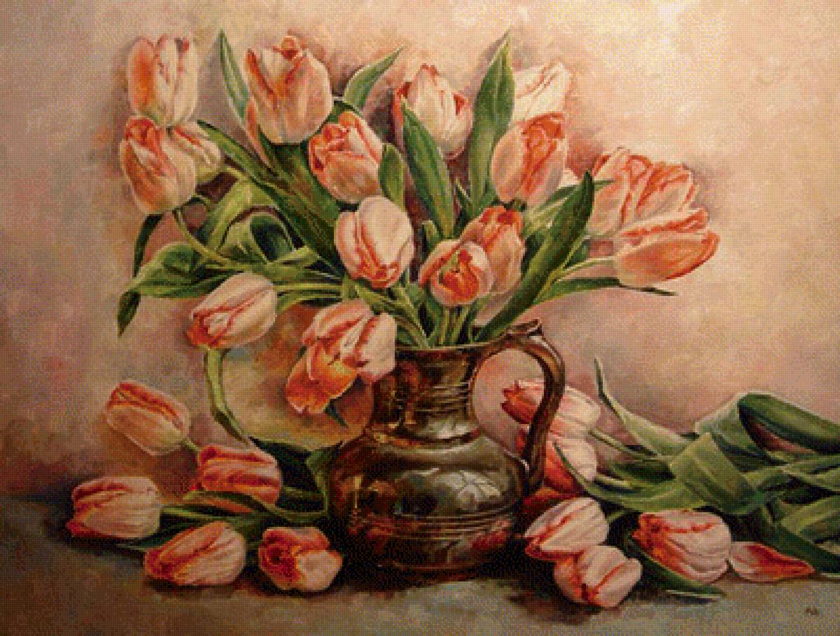 Букет тюльпанов - цветы, ваза, стол - предпросмотр