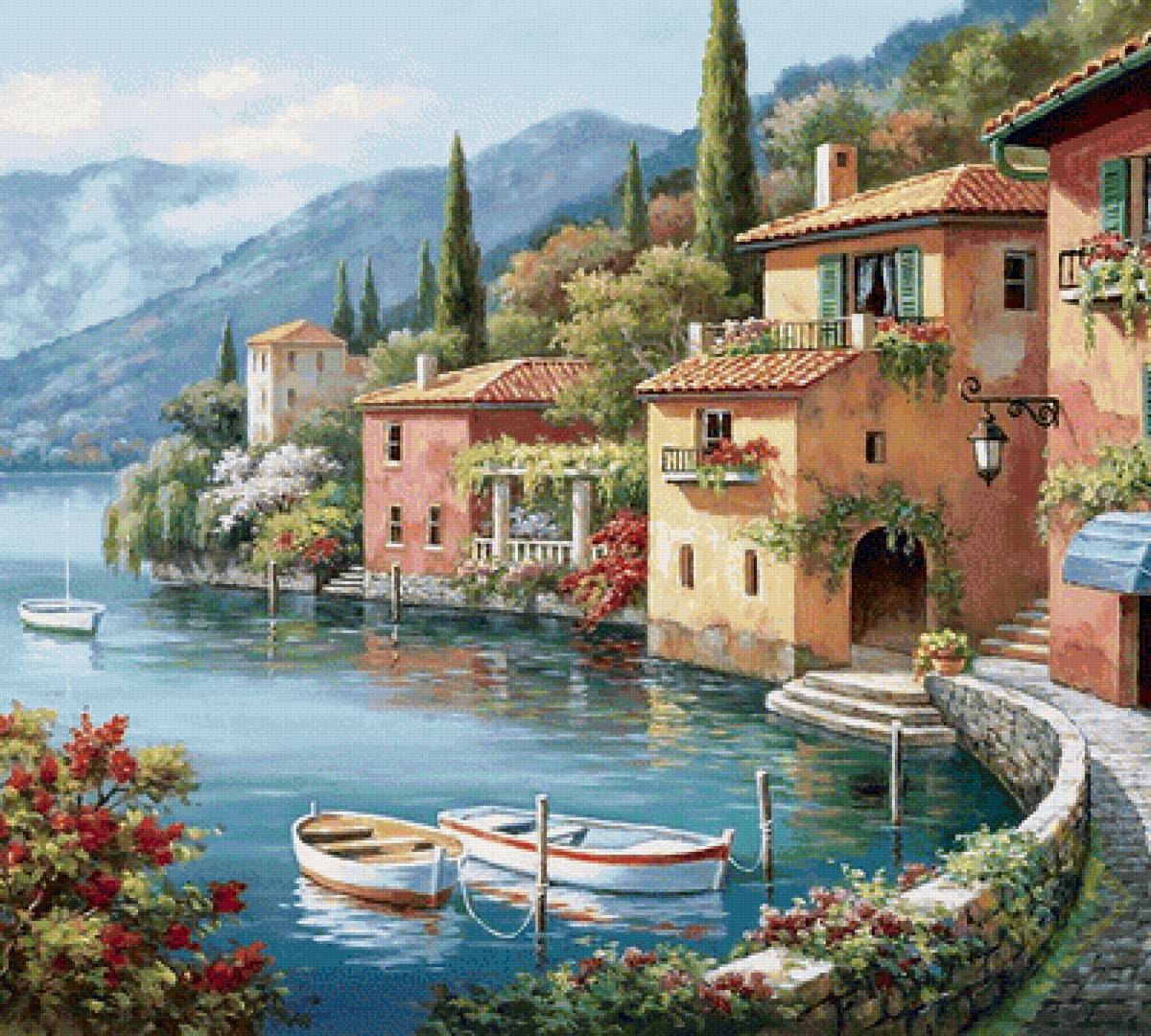 Городок у моря - дома, море, лодки - предпросмотр