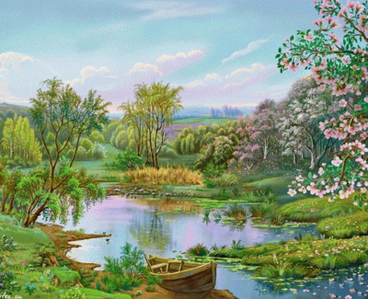 Летний пейзаж - лодка, лес, лето, природа, пейзаж, живопись, река - предпросмотр
