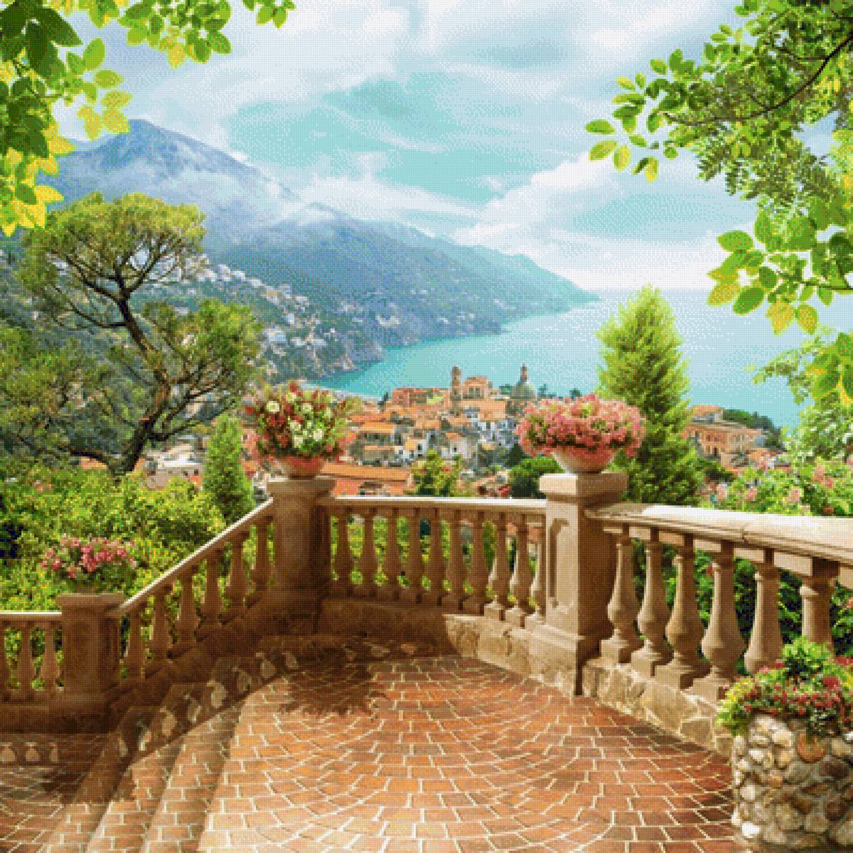 Морской пейзаж - горы, природа, пейзаж, лето, цветы, город, море - предпросмотр