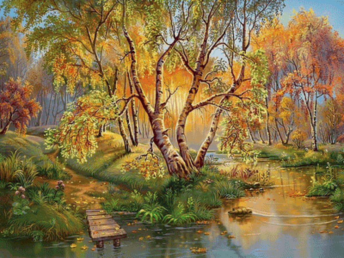 Летний пейзаж - лес, рисунок, пейзаж, река, лето - предпросмотр