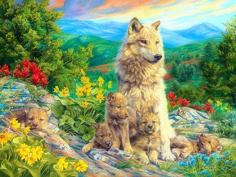 Семейство волков - рисунок, горы, животные, лес, цветы, волк, волки, природа - оригинал