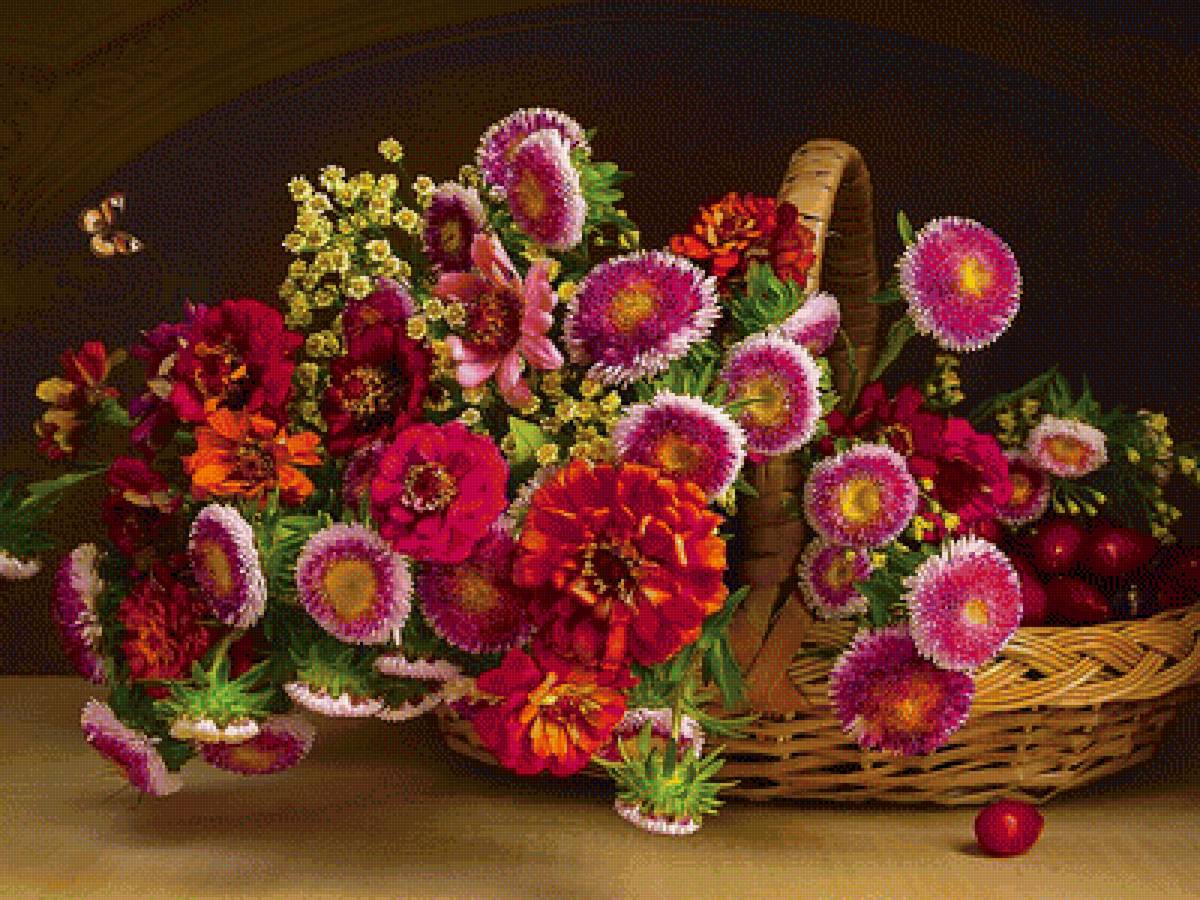 Цветы в корзине - натюрморт, цветы, букет - предпросмотр