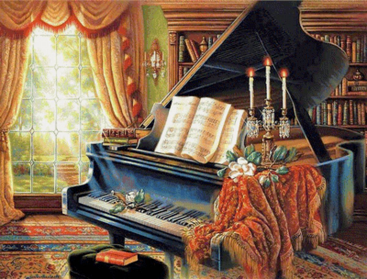 У рояля - окно, свечи, книга, розы, книги, цветы, рояль, картина - предпросмотр