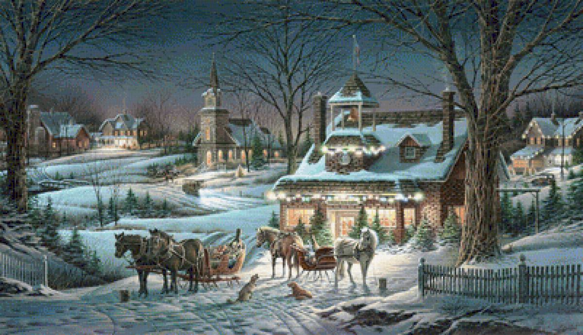 Рождество - церковь, лошади, дома, зима, снег - предпросмотр