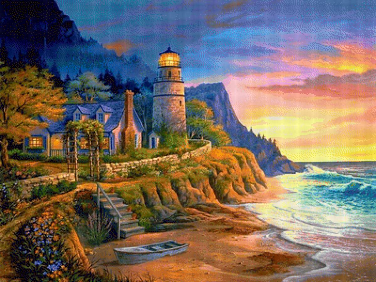 Домик у моря - домик, дом, природа, картина, живопись, маяк, лодка, море - предпросмотр