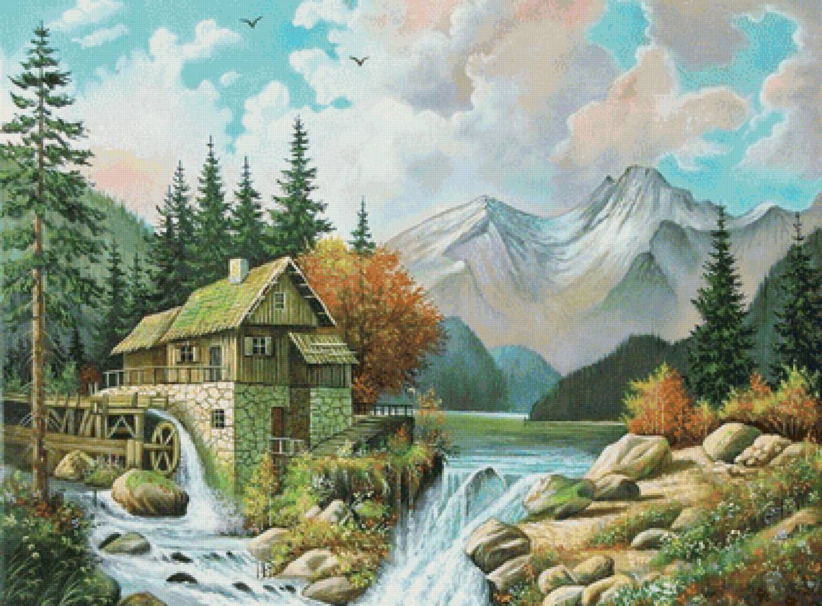 Мельница - горы, пейзаж, лес, река - предпросмотр