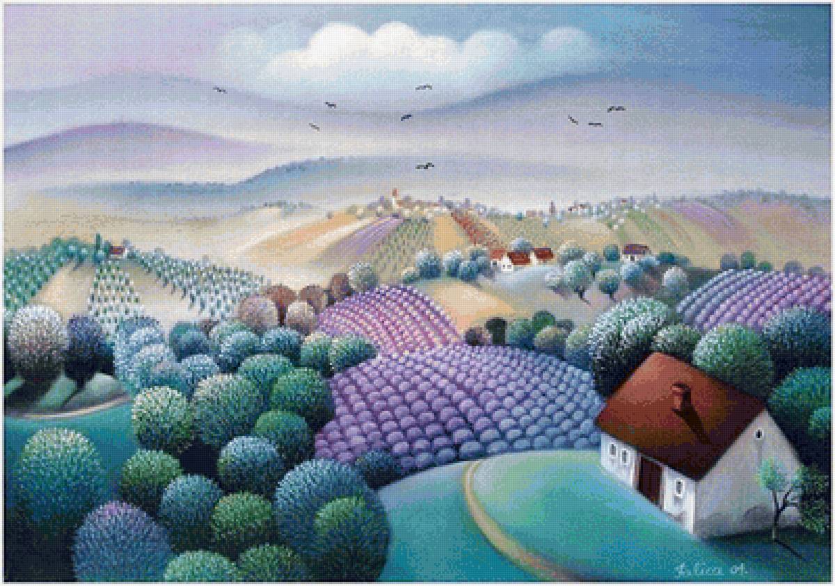 Лавандовый пейзаж - лаванда, поля, домики - предпросмотр