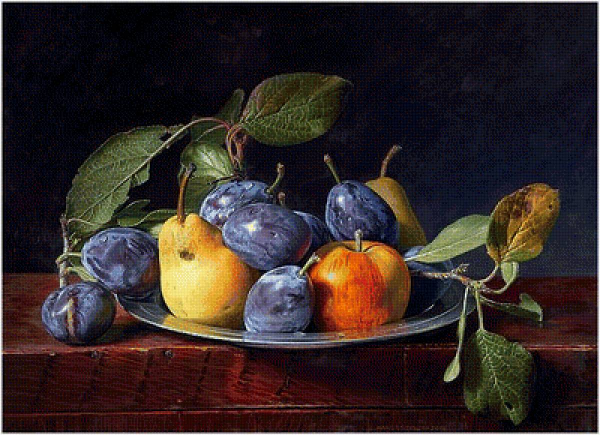 Натюрморт - сливы, яблоко, фрукты, груша - предпросмотр