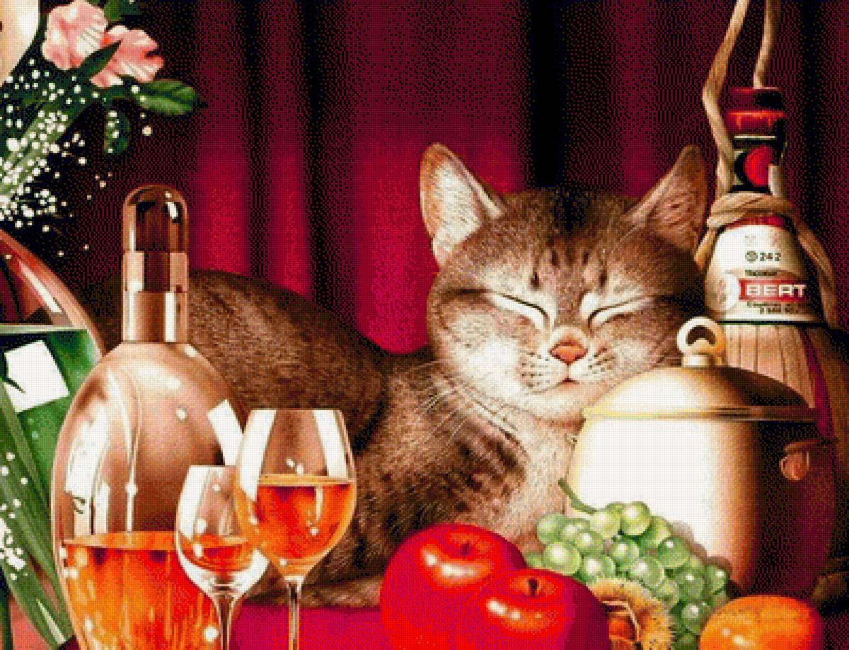 Котонатюрморт - виноград, яблоки, фрукты, натюрморт, рисунок, бокалы, кот - предпросмотр