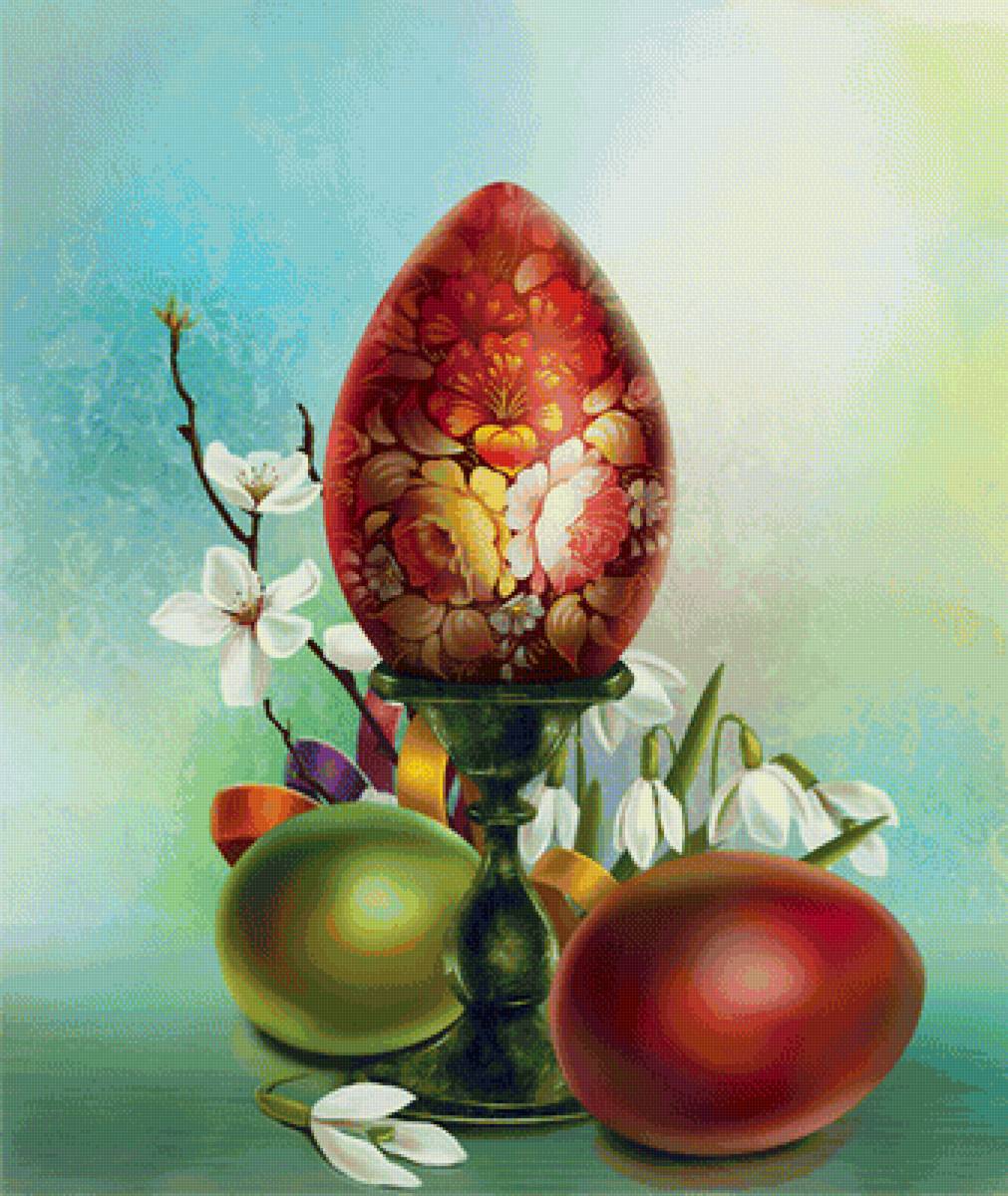 Пасхальный натюрморт - пасха, яйца, весенние цветы - предпросмотр