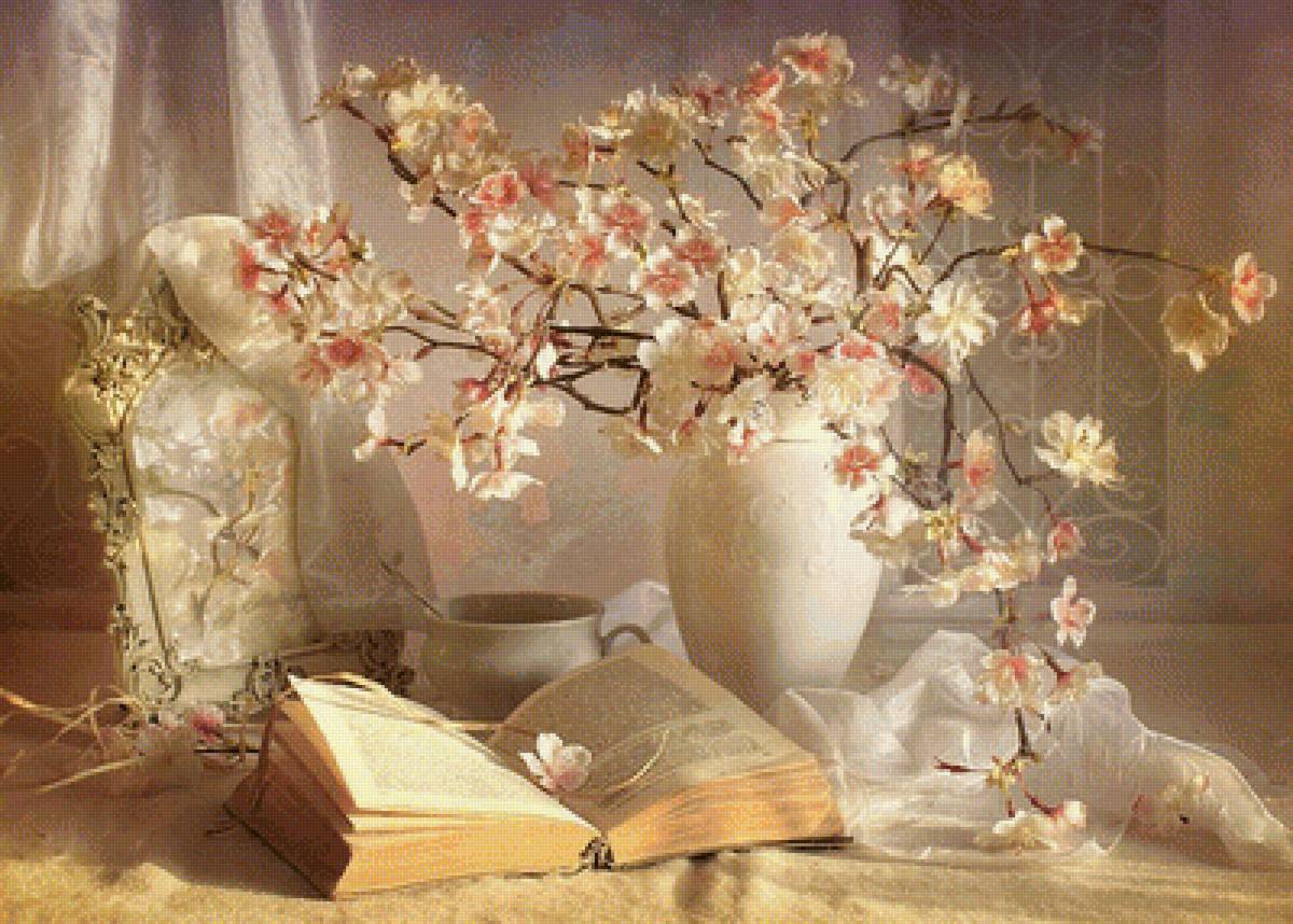 Натюрморт - цветы, книга, зеркало, натюрморт, букет - предпросмотр