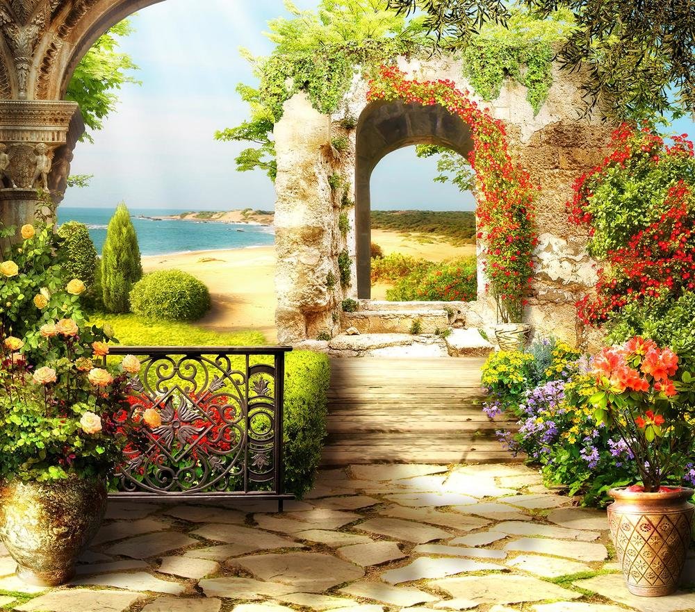 У моря - море, цветы, лето, арка, пейзаж, природа - оригинал