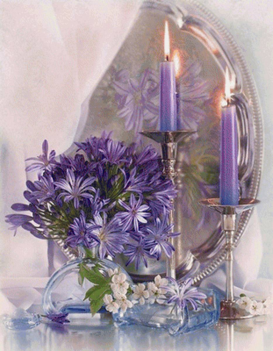 Цветы - натюрморт, свечи, цветы, букет, зеркало - предпросмотр