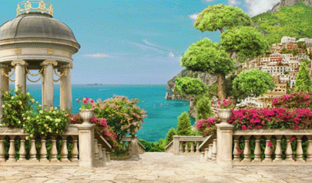 Город у моря - пейзаж, цветы, природа, лето, город, море - предпросмотр