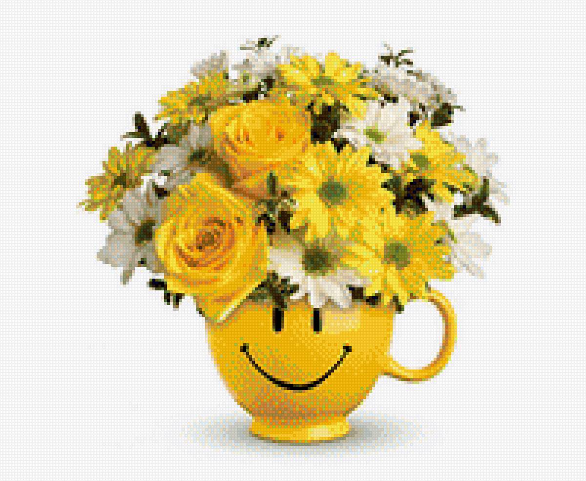 букетик в желтой чашке - букет, ромашки, цветы - предпросмотр