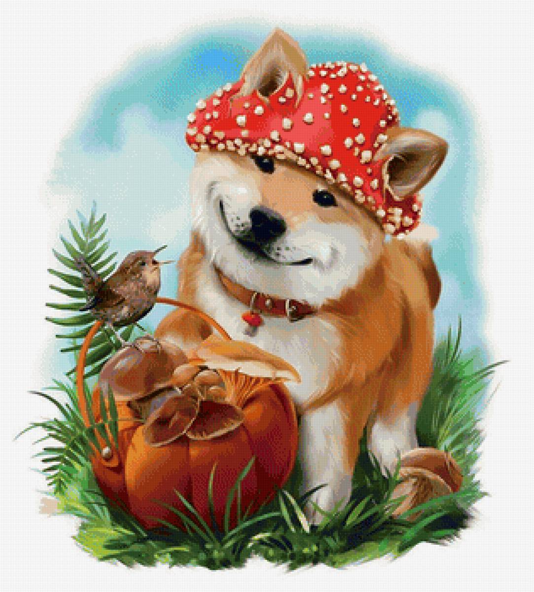 Щенок - рисунок, птица, птичка, собака, щенок, грибы, животные - предпросмотр