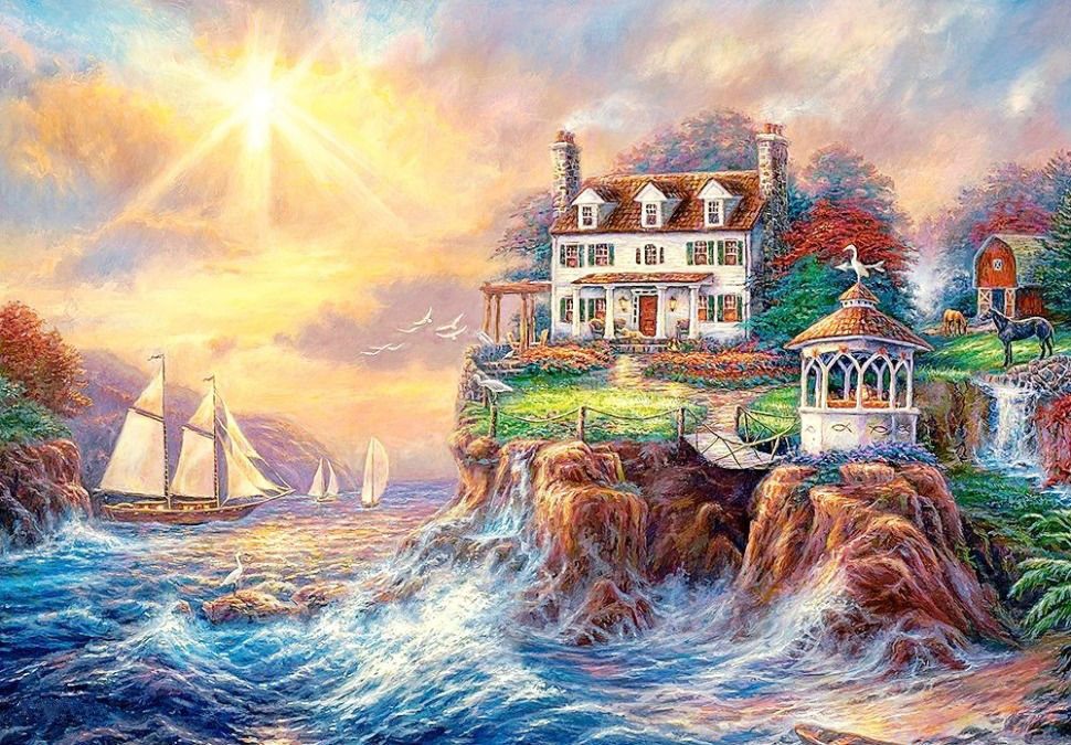 Морской пейзаж - дом, море, скалы, парусник - оригинал