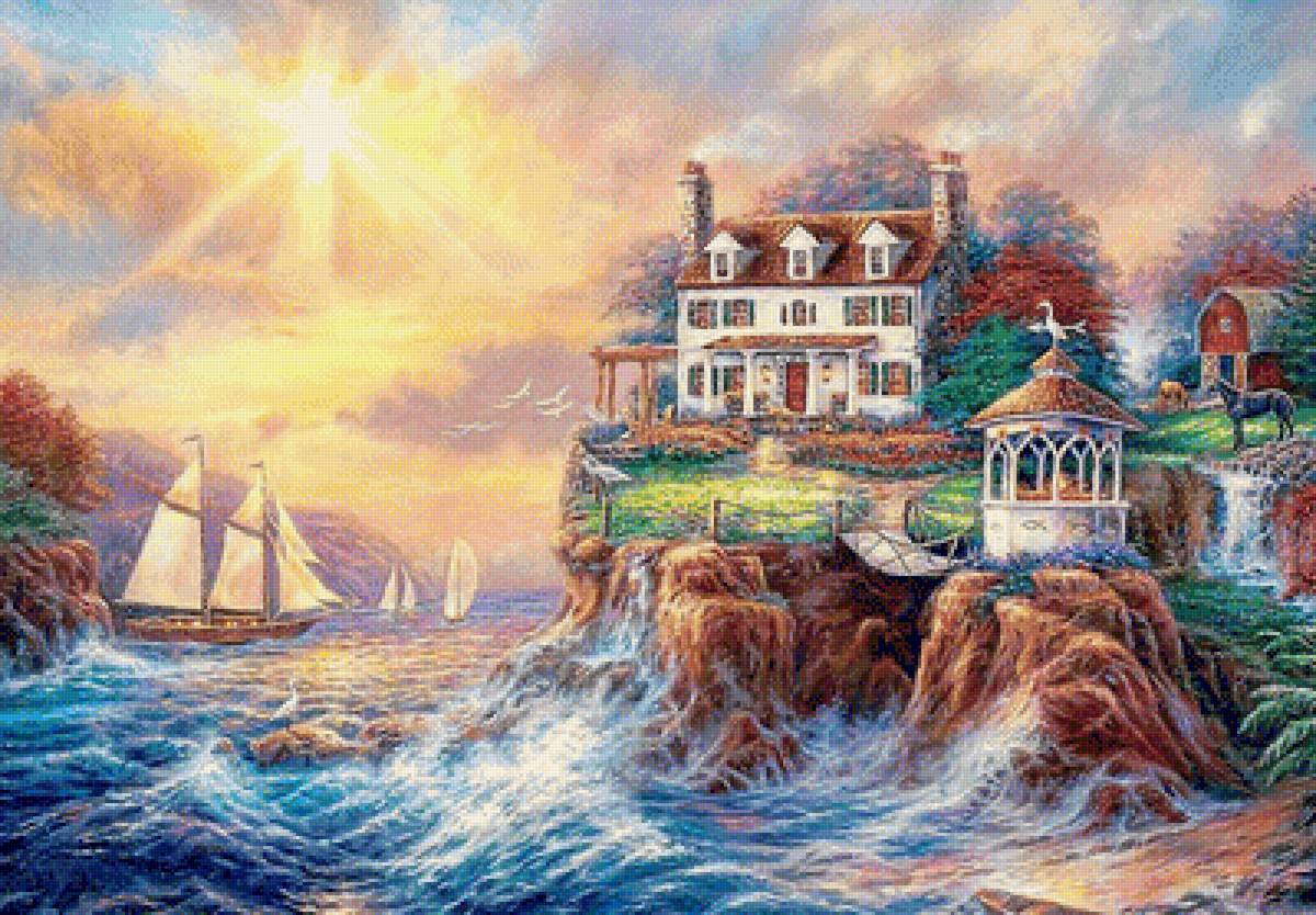 Морской пейзаж - парусник, дом, скалы, море - предпросмотр