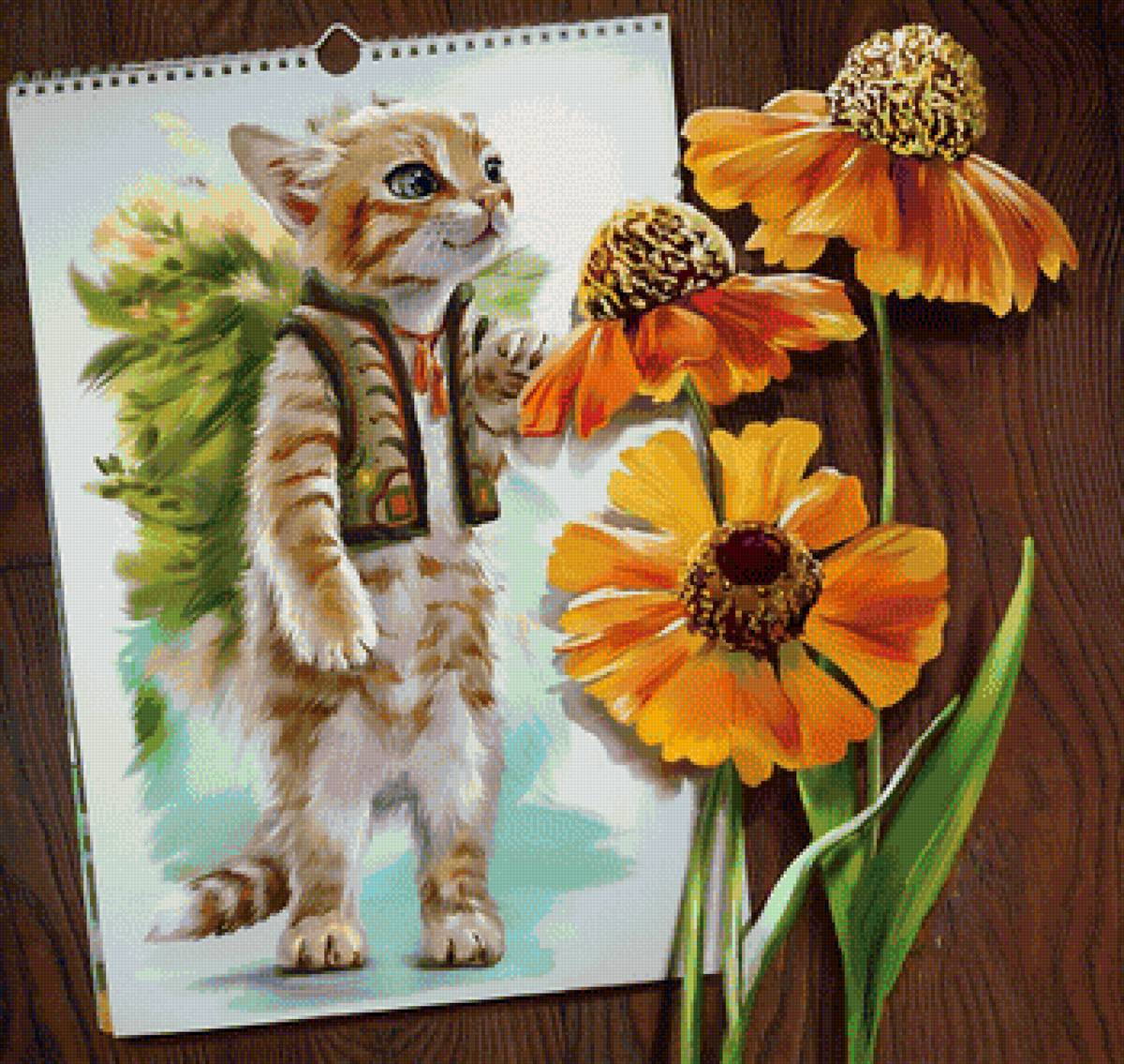 Кошечка и цветы - рисунок, животные, кошечка, цветы, кошка - предпросмотр