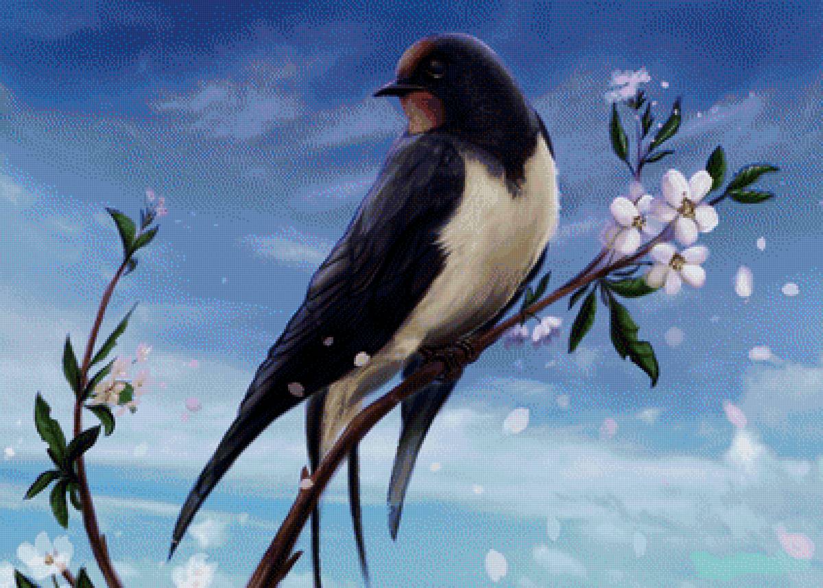 Птичка на ветке - рисунок, птичка, птица, ветка - предпросмотр