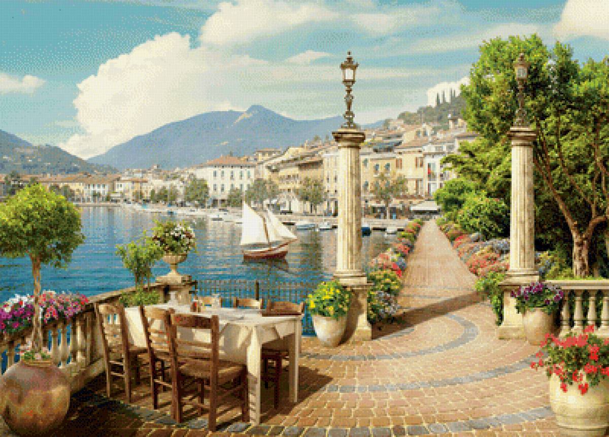 Город у моря - горы, море, город, яхты, лето, природа, цветы, пейзаж - предпросмотр