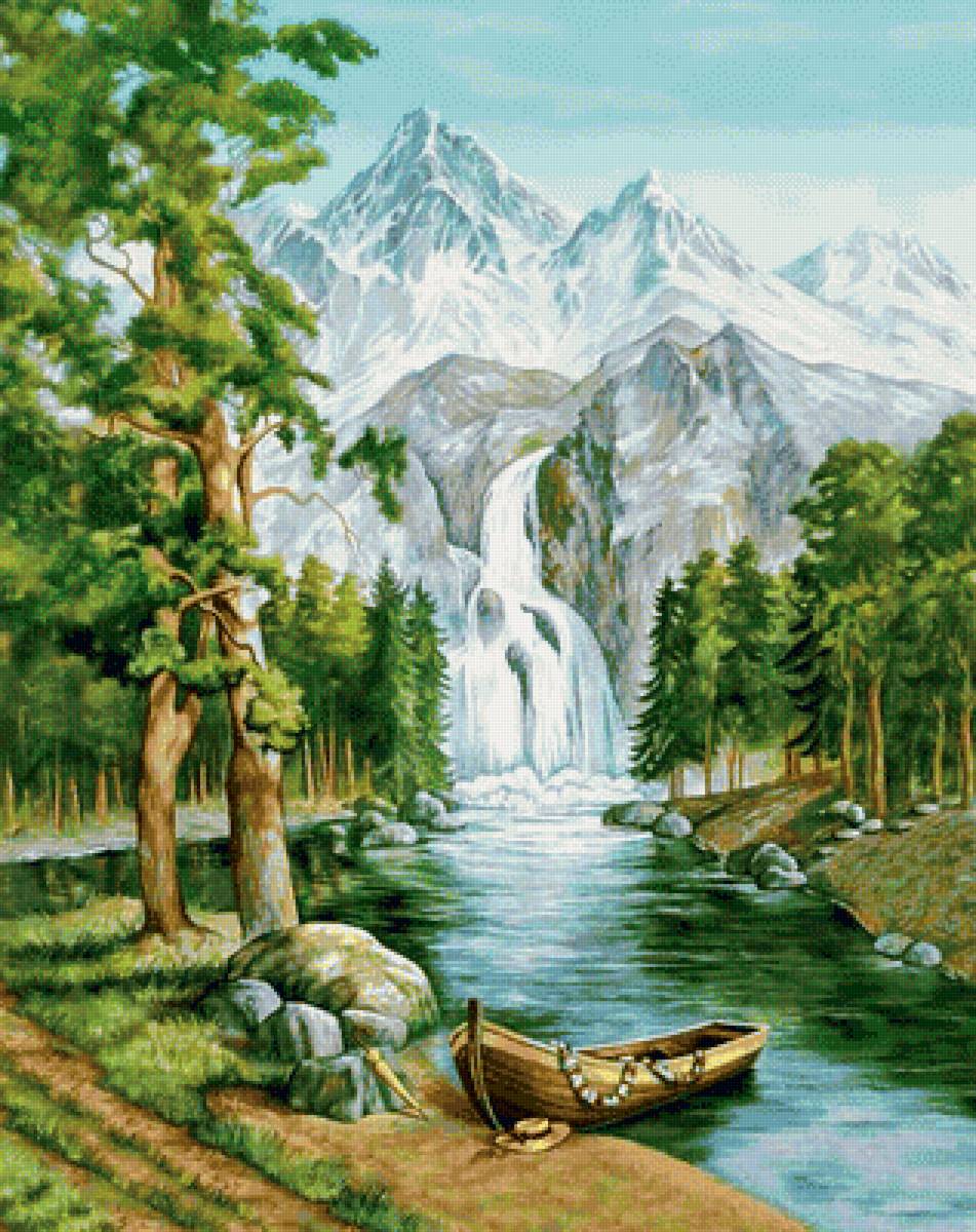 Горный пейзаж - горы, река, водопад, лодка, природа - предпросмотр